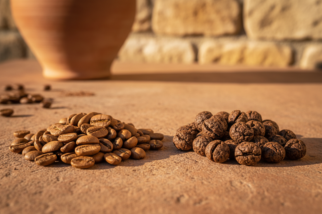 Arabica und Robusta Kaffeebohnen im Vergleich